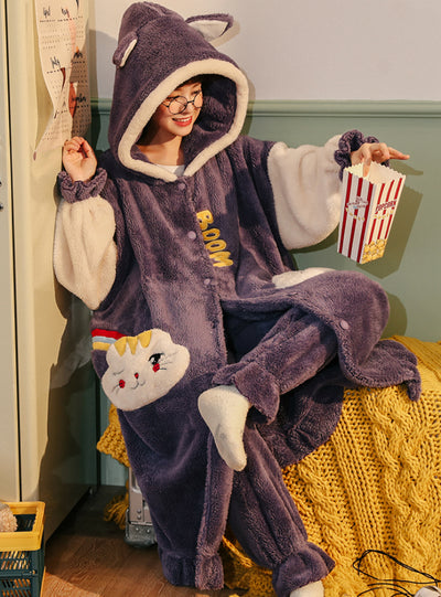 Women Purple Pajama Winter Cute Thick Coral Fleece Pajamas