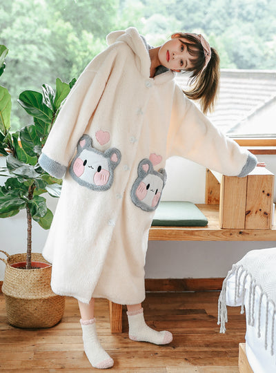 White Rabbit Coral Velvet Cotton Triple Pajamas Suit