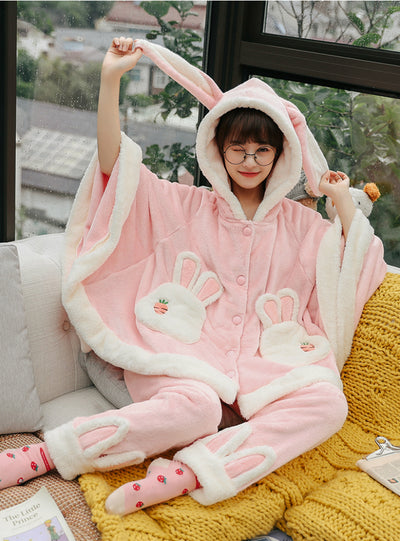 Pink Rabbit Thickened Velvet Cute Cartoon Cloak Flannel