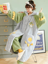 Green Dinosaur Pajama Flannel Velvet Padded Nightgown Hooded