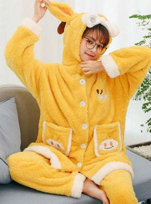 Yellow Cow Coral Velvet Thickened Keep Warm Nightwear