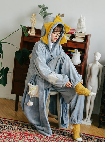 Yellow Star Pajama Padded Warm Winter Long Nightgown