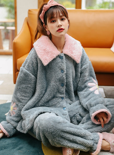 Women Blue Cherry Blossoms Coral Velvet Pajamas Women Thick Warm