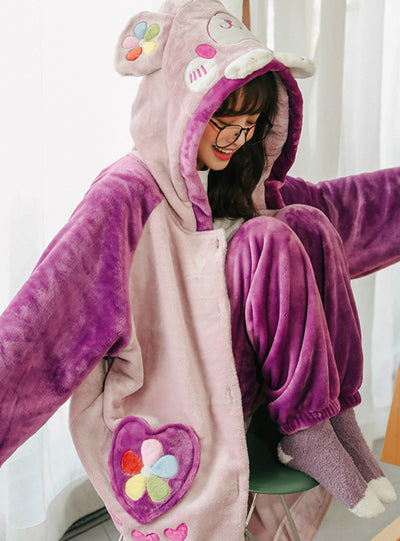 Pink Flower Lovely Bear Flannel Long Nightgown Home Service