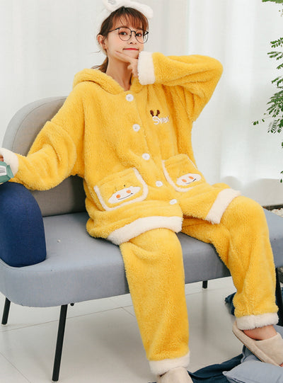 Yellow Cow Coral Velvet Thickened Keep Warm Nightwear