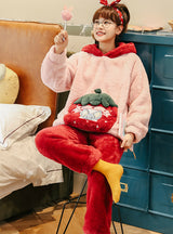 Pink Coral Fleece Warm Home Clothes Winter Two-piece Suit
