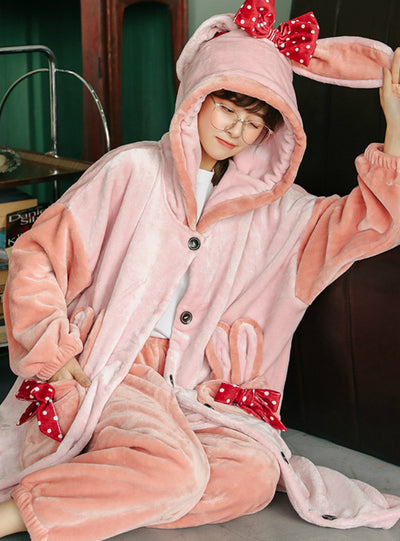 Purple Rabbit Bow Thickened Cashmere Long Two-piece Robe