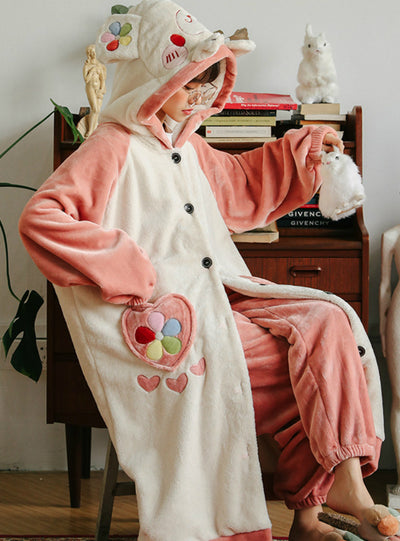 Pink Flower Lovely Bear Flannel Long Nightgown Home Service