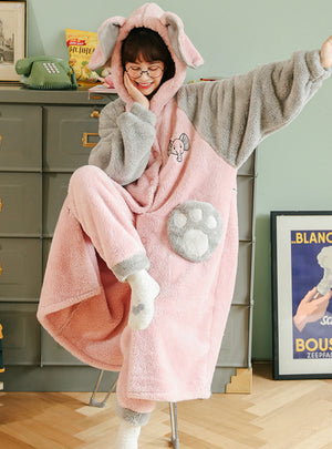 Pink Elephant Winter Flannel Long Nightgown Set