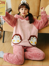 Women Winter Pink Penguin Thickened Coral Fleece