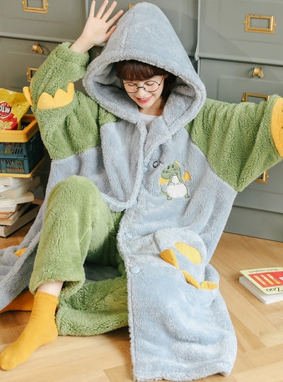 Green Dinosaur Pajama Flannel Velvet Padded Nightgown Hooded