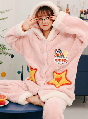 Star Rainbow Steed Pink Thick Long Sleeve Winter Flannel