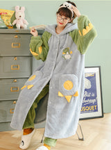 Green Dinosaur Pajama Flannel Velvet Padded Nightgown Hooded