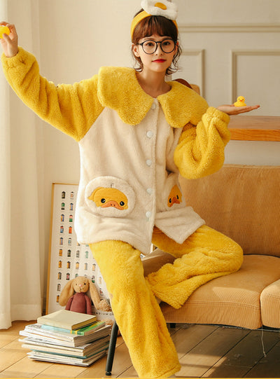 Yellow Duck Thickened Coral Fleece Winter Suit