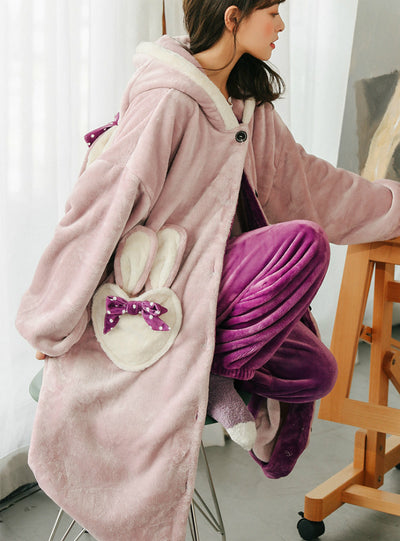 Purple Rabbit Bow Thickened Cashmere Long Two-piece Robe