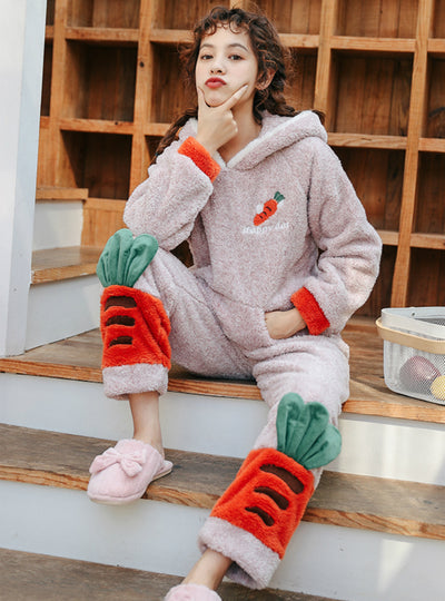 Pink Strawberry Hooded Flannel Winter Home Clothes