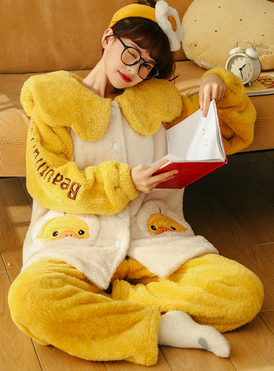 Yellow Duck Thickened Coral Fleece Winter Suit
