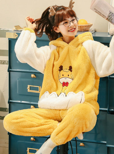 Women's Winter Yellow Coral Velvet Pajamas Cute Nightwear