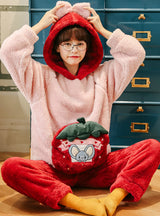 Pink Coral Fleece Warm Home Clothes Winter Two-piece Suit