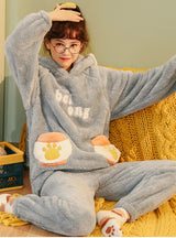 Women Gray Two-piece Hooded Flannel Nightwear