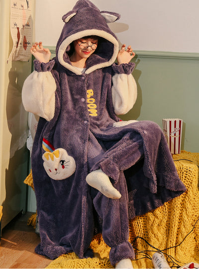 Women Purple Pajama Winter Cute Thick Coral Fleece Pajamas