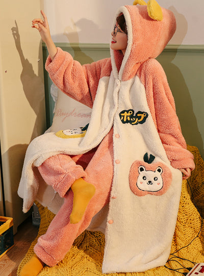 Winter Pink Sweet Lovely Thick Flannel Nightgown Set