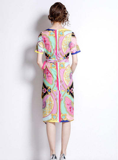Printed Slim Waist Short Sleeve Dress