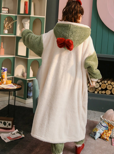 Green Pajama Flannel Velvet Padded Nightgown Hooded