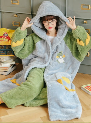 Green Dinosaur Pajama Flannel Velvet Padded Nightgown Hooded