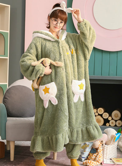 Green Rabbit Warm Robe Suit Women's Lovely Flannel