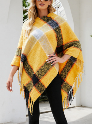 Contrasting Striped Cloak Fringed Scarf Shawl
