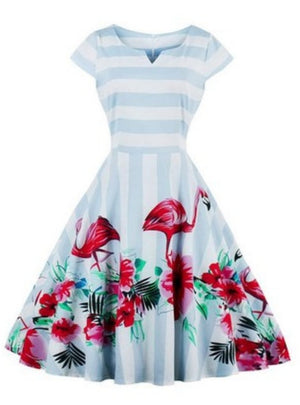 Blue Short Vintage 1950's Flamingo Print Dress