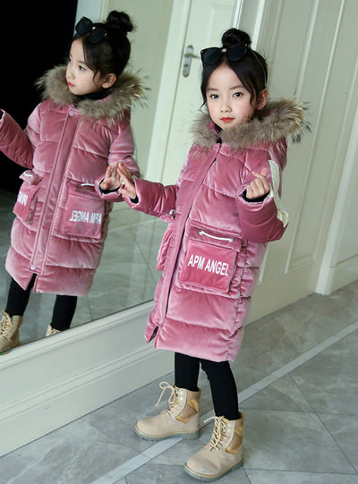 Long Velvet Cotton-Padded Down Jacket 