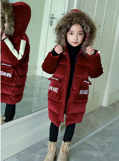 Long Velvet Cotton-Padded Down Jacket 