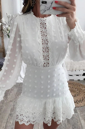  Sexy White Lace Short Dress Women Long Puff Sleeve Dresses