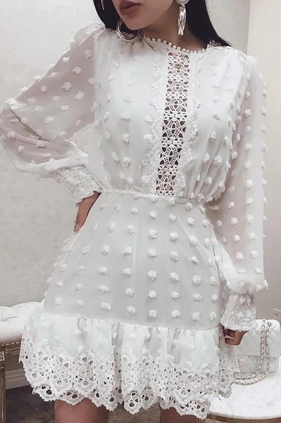  Sexy White Lace Short Dress Women Long Puff Sleeve Dresses