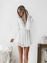 White Summer Bohemian Mini Lace Casual V-neck Long Sleeve Dress