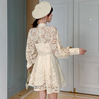 Begie Runway Dress Hollow Lantern Sleeves Embroidered Lace Dress