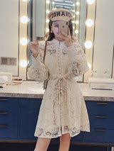 Begie Runway Dress Hollow Lantern Sleeves Embroidered Lace Dress